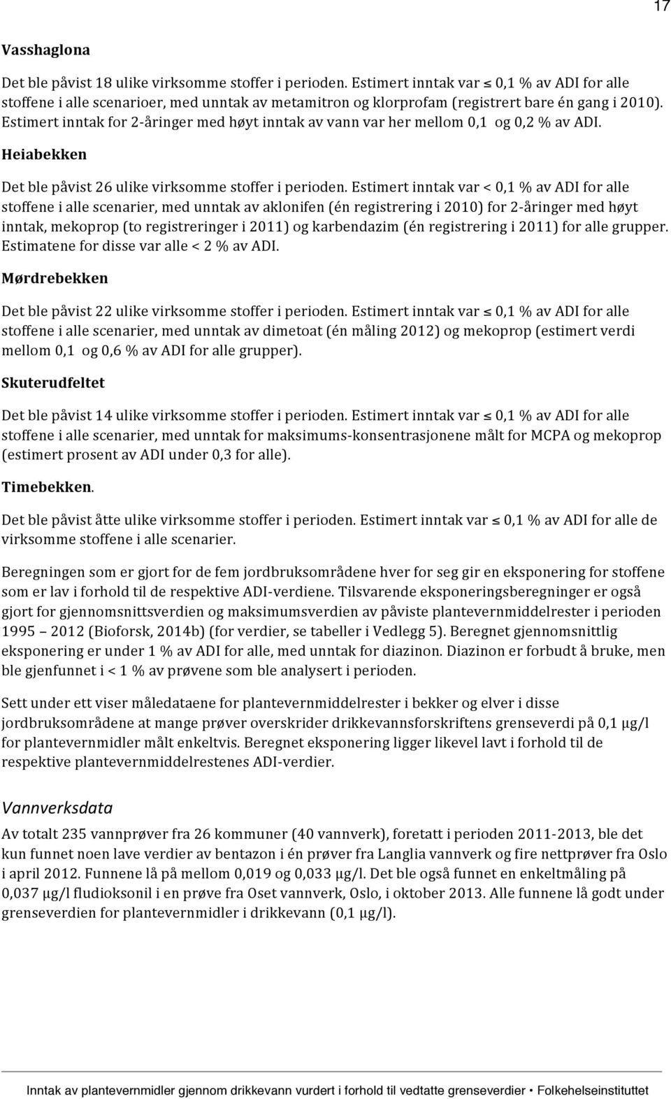 Estimert inntak for 2- åringer med høyt inntak av vann var her mellom 0,1 og 0,2 % av ADI. Heiabekken Det ble påvist 26 ulike virksomme stoffer i perioden.