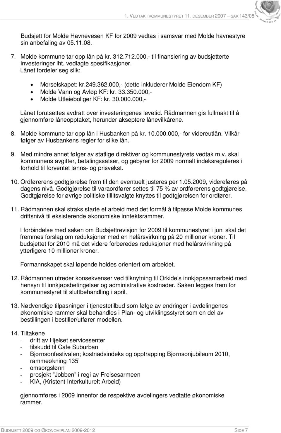 000,- (dette inkluderer Molde Eiendom KF) Molde Vann og Avløp KF: kr. 33.350.000,- Molde Utleieboliger KF: kr. 30.000.000,- Lånet forutsettes avdratt over investeringenes levetid.