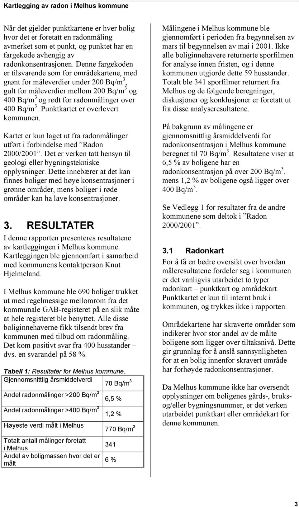 Punktkartet er overlevert kommunen. Kartet er kun laget ut fra radonmålinger utført i forbindelse med Radon 2000/2001. Det er verken tatt hensyn til geologi eller bygningstekniske opplysninger.