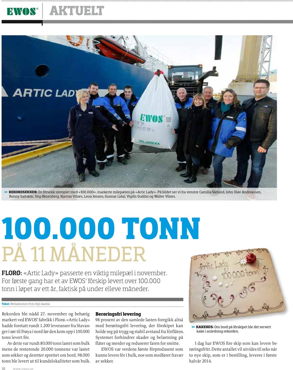000 tonn på 11 måneder FLORØ: «Artic Lady» passerte en viktig milepæl i november. For første gang har et av EWOS fôrskip levert over 100.000 tonn i løpet av ett år, faktisk på under elleve måneder.
