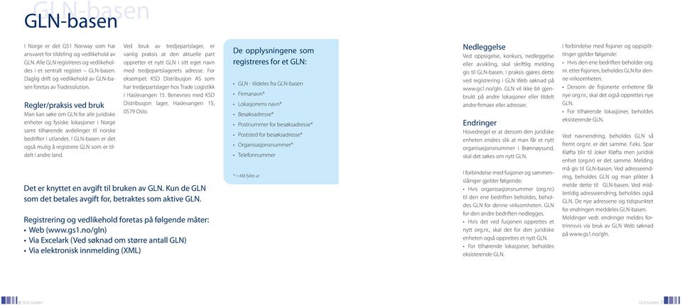 Regler/praksis ved bruk Man kan søke om GLN for alle juridiske enheter og fysiske lokasjoner i Norge samt tilhørende avdelinger til norske bedrifter i utlandet.