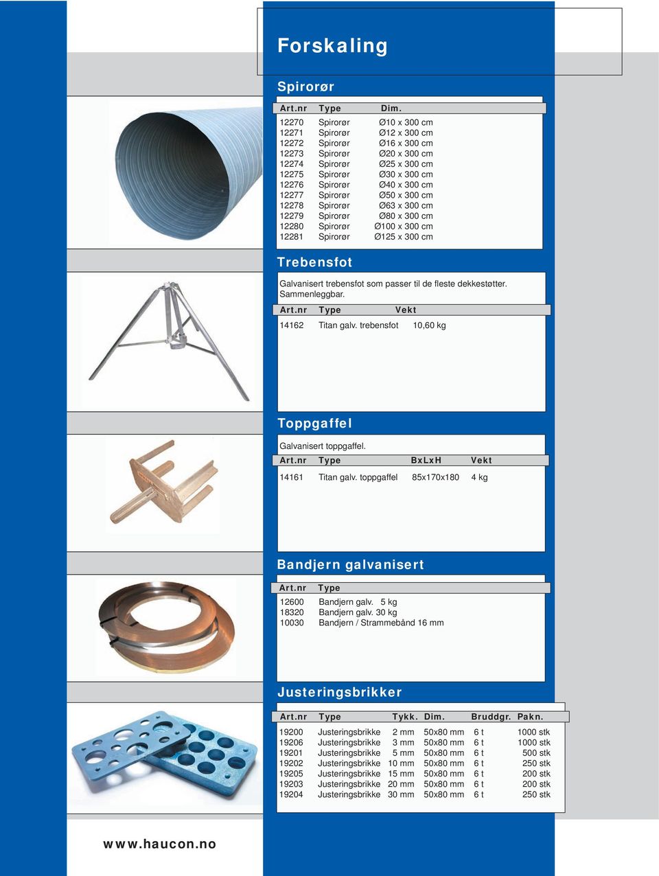 12277 Spirorør Ø50 x 300 cm 12278 Spirorør Ø63 x 300 cm 12279 Spirorør Ø80 x 300 cm 12280 Spirorør Ø100 x 300 cm 12281 Spirorør Ø125 x 300 cm Trebensfot Galvanisert trebensfot som passer til de