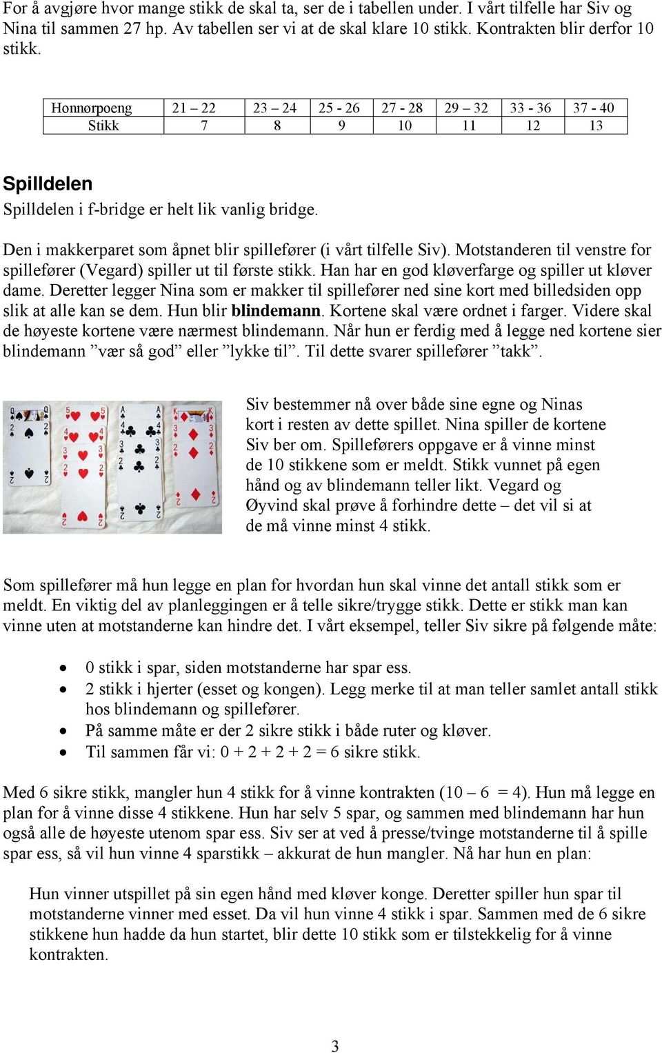 Den i makkerparet som åpnet blir spillefører (i vårt tilfelle Siv). Motstanderen til venstre for spillefører (Vegard) spiller ut til første stikk. Han har en god kløverfarge og spiller ut kløver dame.