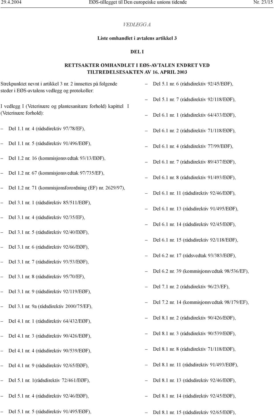 2 innsettes på følgende steder i EØS-avtalens vedlegg og protokoller: I vedlegg I (Veterinære og plantesanitære forhold) kapittel I (Veterinære forhold): Del 1.1 nr. 4 (rådsdirektiv 97/78/EF), Del 1.