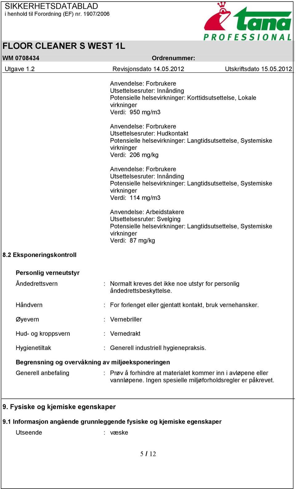 Arbeidstakere Utsettelsesruter: Svelging Potensielle helse: Langtidsutsettelse, Systemiske Verdi: 87 mg/kg Personlig verneutstyr Åndedrettsvern Håndvern Øyevern Hud- og kroppsvern Hygienetiltak :