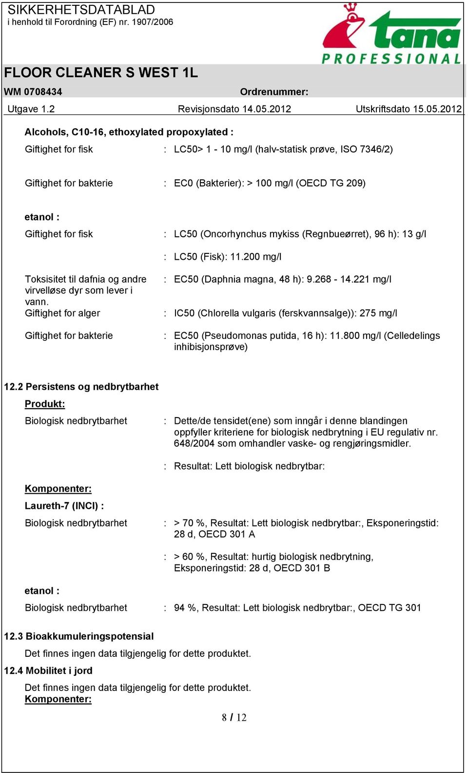 Giftighet for alger Giftighet for bakterie : EC50 (Daphnia magna, 48 h): 9.268-14.221 mg/l : IC50 (Chlorella vulgaris (ferskvannsalge)): 275 mg/l : EC50 (Pseudomonas putida, 16 h): 11.