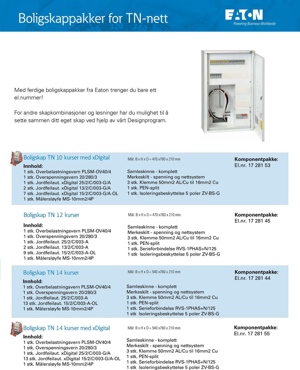 Overspenningsvern 20/280/3 2 stk. Jordfeilaut. xdigital 13/2/C/003-G/A 7 stk. Jordfeilaut. xdigital 15/2/C/003-G/A-OL 1 stk. Målersløyfe MS-10mm2/4P 1 stk. PEN-split 1 stk. Boligskap TN 12 kurser El.