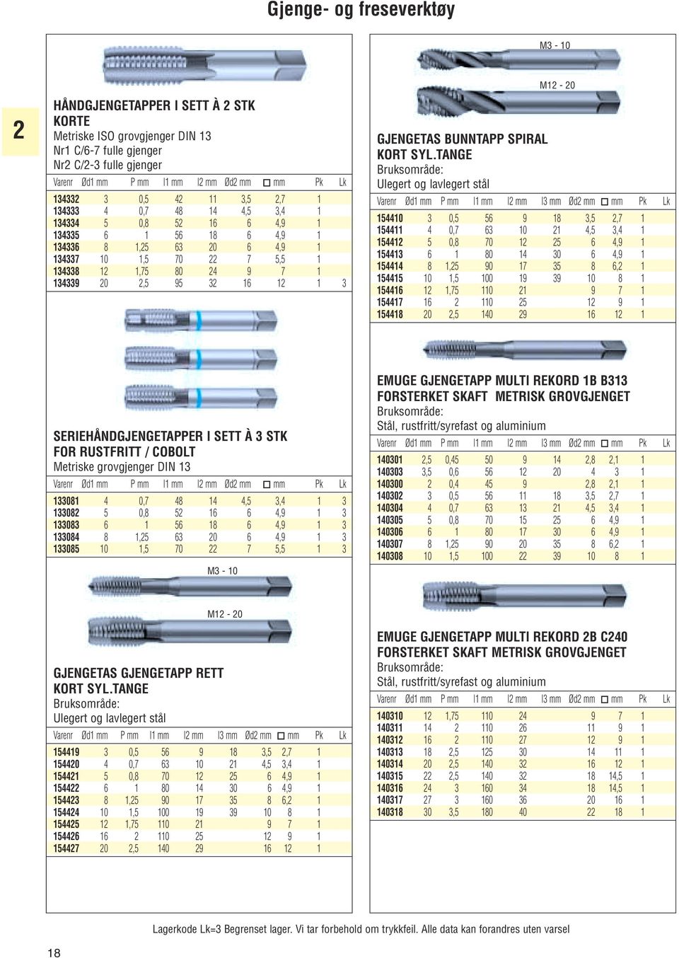 mm Pk Lk 134332 3 0,5 42 11 3,5 2,7 1 134333 4 0,7 48 14 4,5 3,4 1 134334 5 0,8 52 16 6 4,9 1 134335 6 1 56 18 6 4,9 1 134336 8 1,25 63 20 6 4,9 1 134337 10 1,5 70 22 7 5,5 1 134338 12 1,75 80 24 9 7