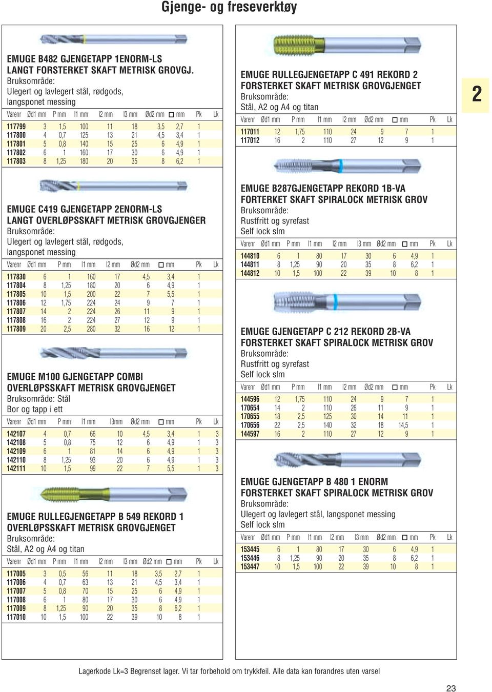 mm Pk Lk 117799 3 1,5 100 11 18 3,5 2,7 1 117800 4 0,7 125 13 21 4,5 3,4 1 117801 5 0,8 140 15 25 6 4,9 1 117802 6 1 160 17 30 6 4,9 1 117803 8 1,25 180 20 35 8 6,2 1 1100000225(tab)Gjengetapper