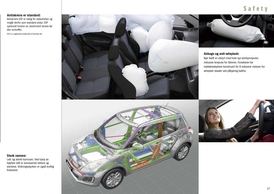 afety Airbags og anti-whiplash: Nye wift er utstyrt med hele syv kollisjonsputer, inklusive knepute for føreren.