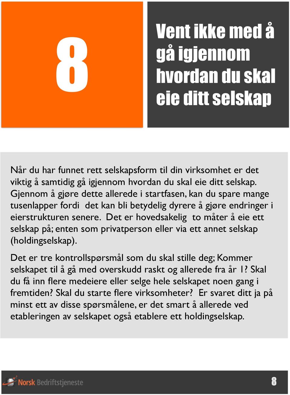 Det er hovedsakelig to måter å eie ett selskap på; enten som privatperson eller via ett annet selskap (holdingselskap).