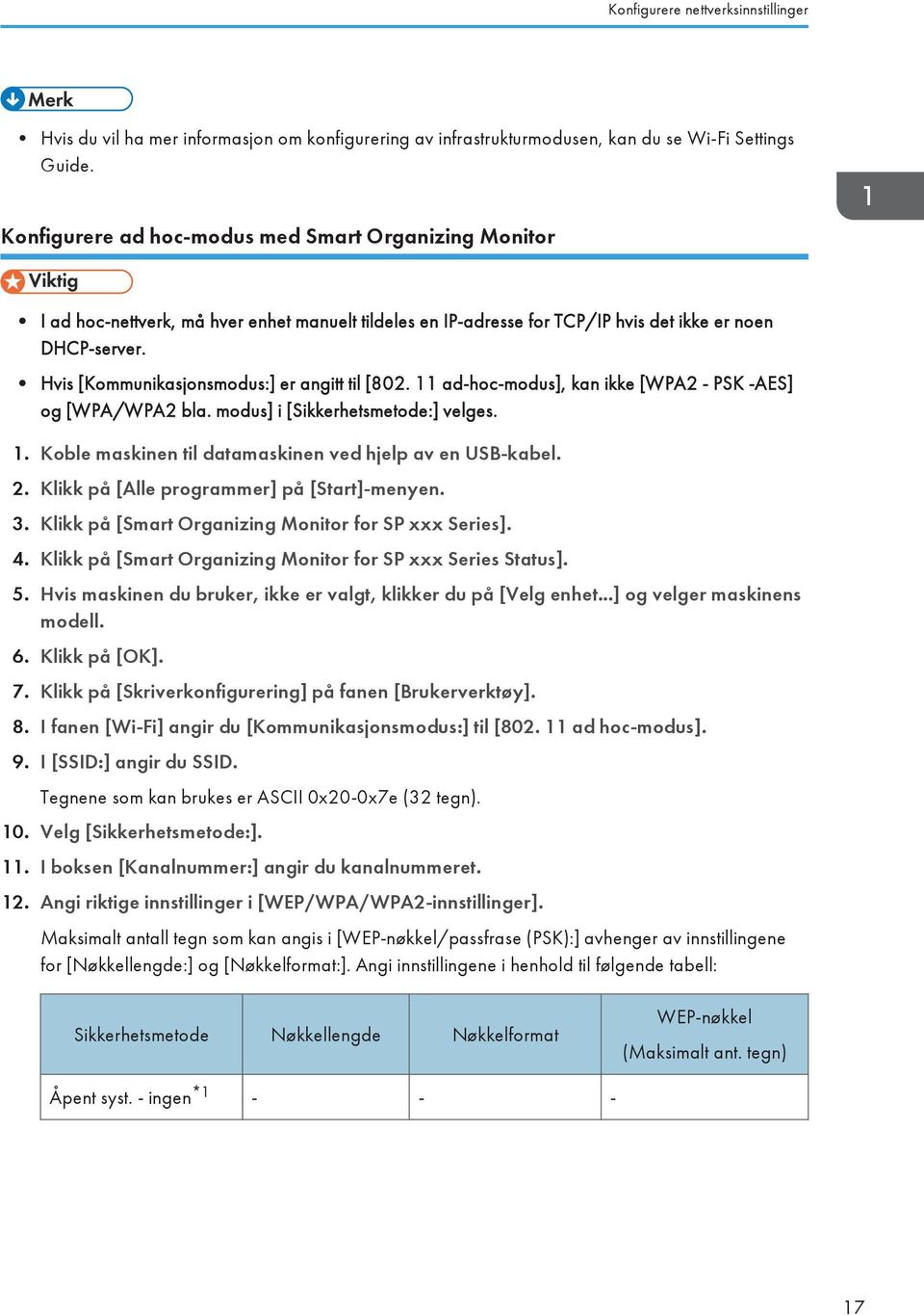 Hvis [Kommunikasjonsmodus:] er angitt til [802. 11 ad-hoc-modus], kan ikke [WPA2 - PSK -AES] og [WPA/WPA2 bla. modus] i [Sikkerhetsmetode:] velges. 1. Koble maskinen til datamaskinen ved hjelp av en USB-kabel.