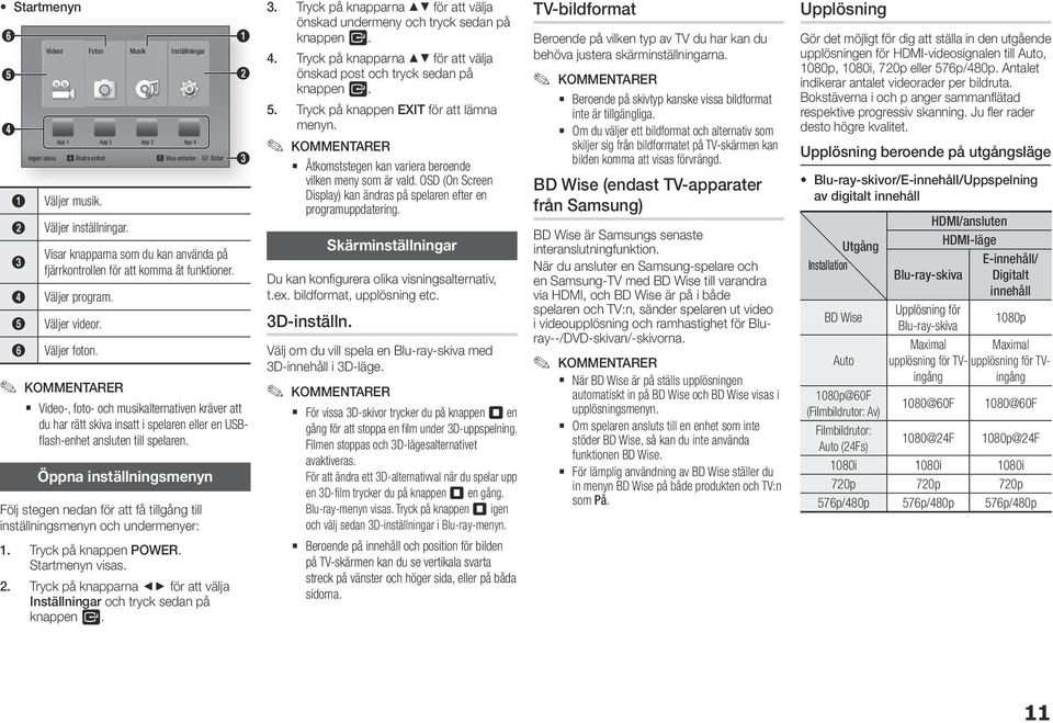 App 1 App 2 App 3 App 4 Ingen skiva a Ändra enhet d Visa enheter " Enter KOMMENTARER Video-, foto- och musikalternativen kräver att du har rätt skiva insatt i spelaren eller en USBflash-enhet