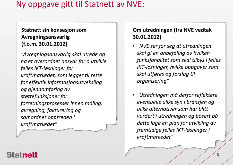 støttefunksjoner for forretningsprosesser innen måling, avregning, fakturering og samordnet opptreden i kraftmarkedet" Om utredningen (fra NVE vedtak 30.01.