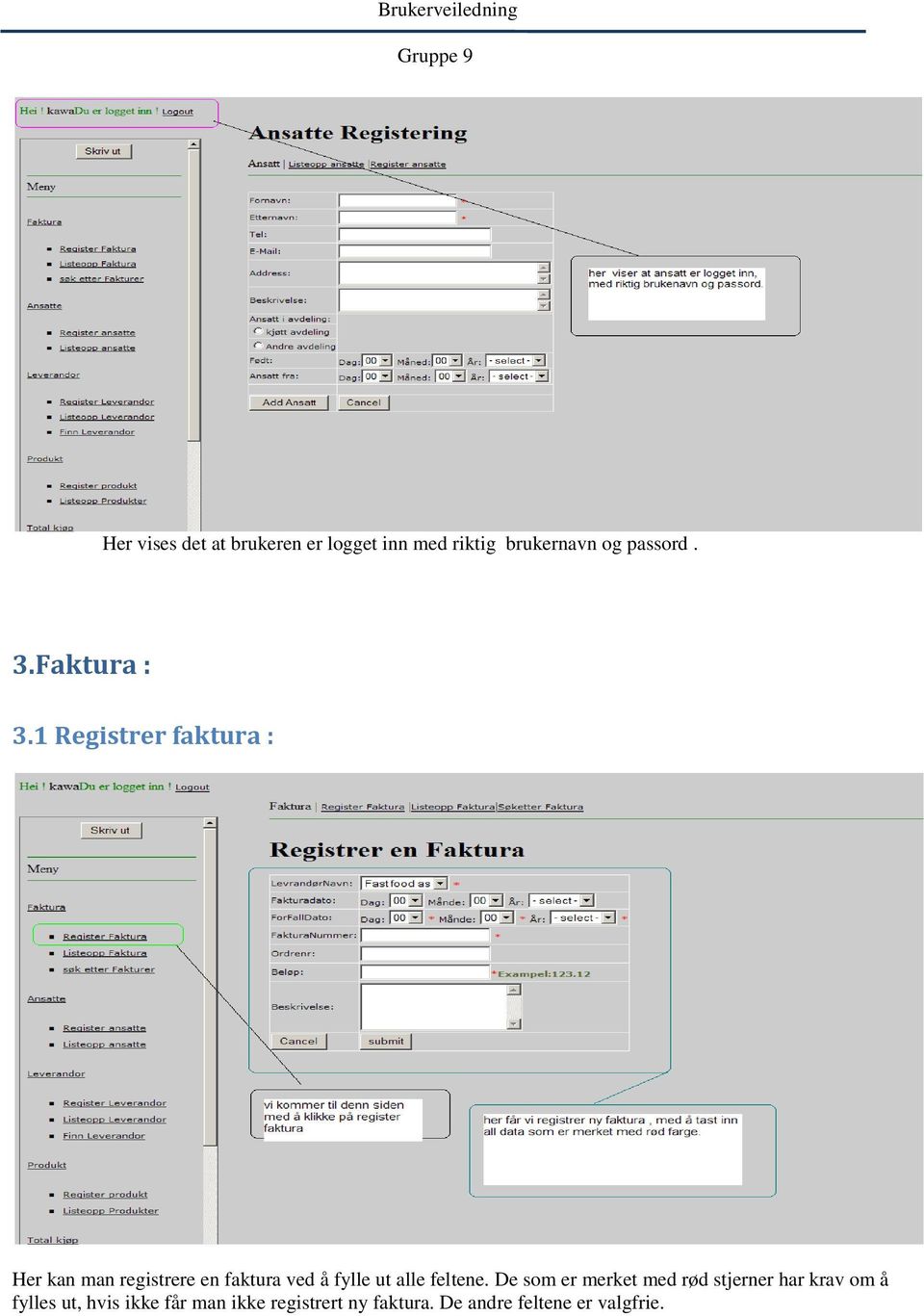 1 Registrer faktura : Her kan man registrere en faktura ved å fylle ut alle