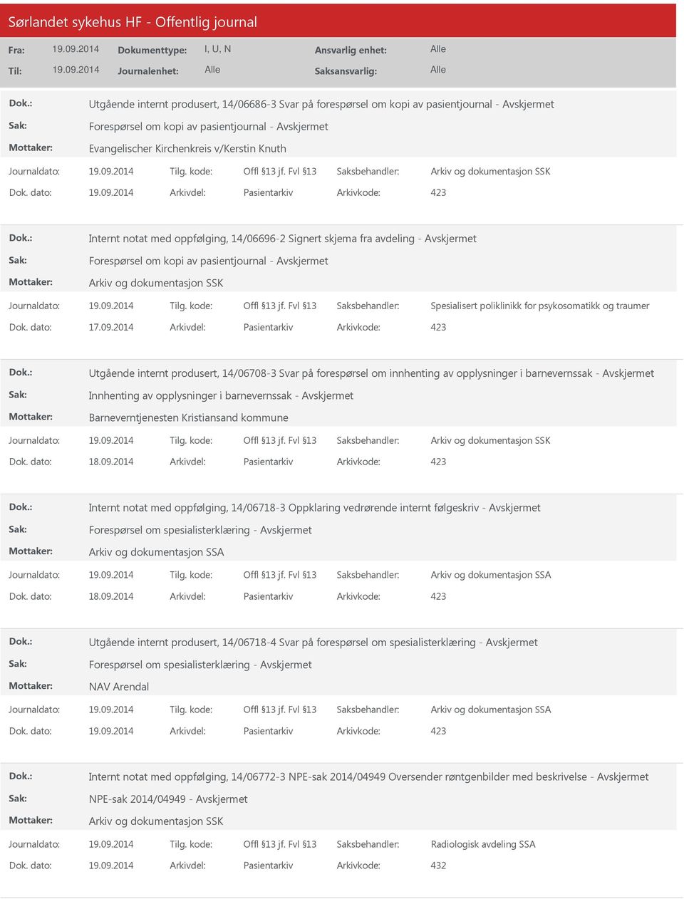 2014 Arkivdel: Pasientarkiv Arkivkode: 423 Utgående internt produsert, 14/06708-3 Svar på forespørsel om innhenting av opplysninger i barnevernssak - Innhenting av opplysninger i barnevernssak -