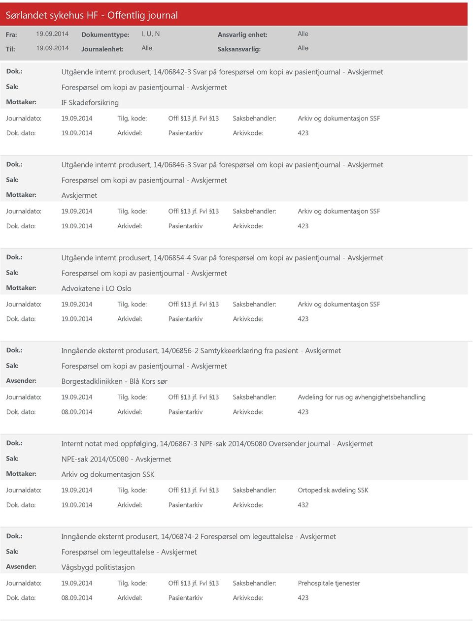 dato: Arkivdel: Pasientarkiv Arkivkode: 423 Utgående internt produsert, 14/06854-4 Svar på forespørsel om kopi av pasientjournal - Advokatene i LO Oslo Arkiv og dokumentasjon SSF Dok.