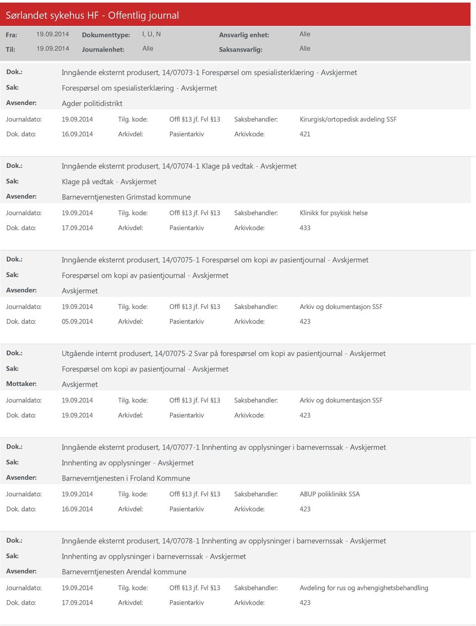 2014 Arkivdel: Pasientarkiv Arkivkode: 433 Inngående eksternt produsert, 14/07075-1 Arkiv og dokumentasjon SSF Dok. dato: 05.09.