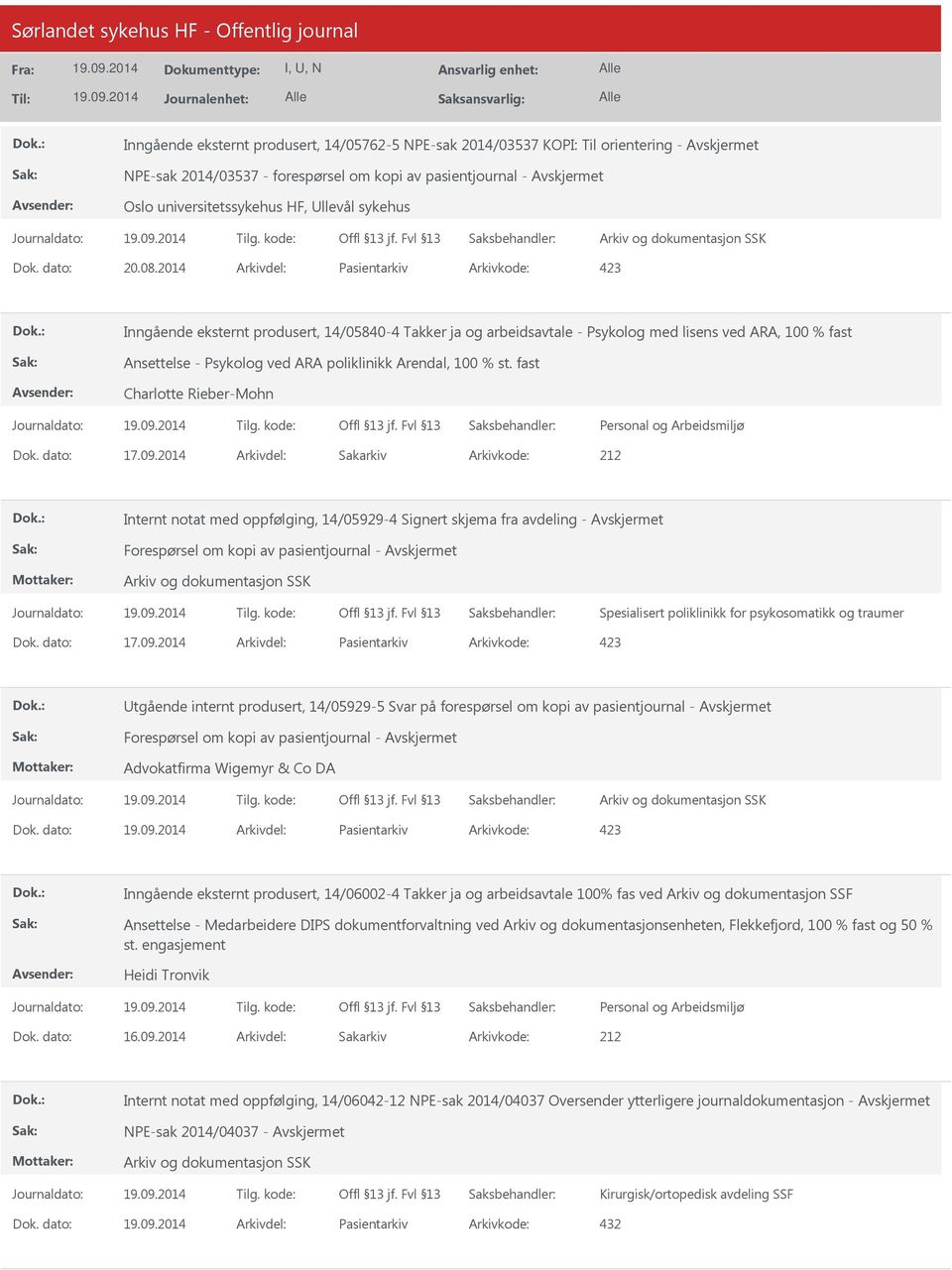 2014 Arkivdel: Pasientarkiv Arkivkode: 423 Inngående eksternt produsert, 14/05840-4 Takker ja og arbeidsavtale - Psykolog med lisens ved ARA, 100 % fast Ansettelse - Psykolog ved ARA poliklinikk