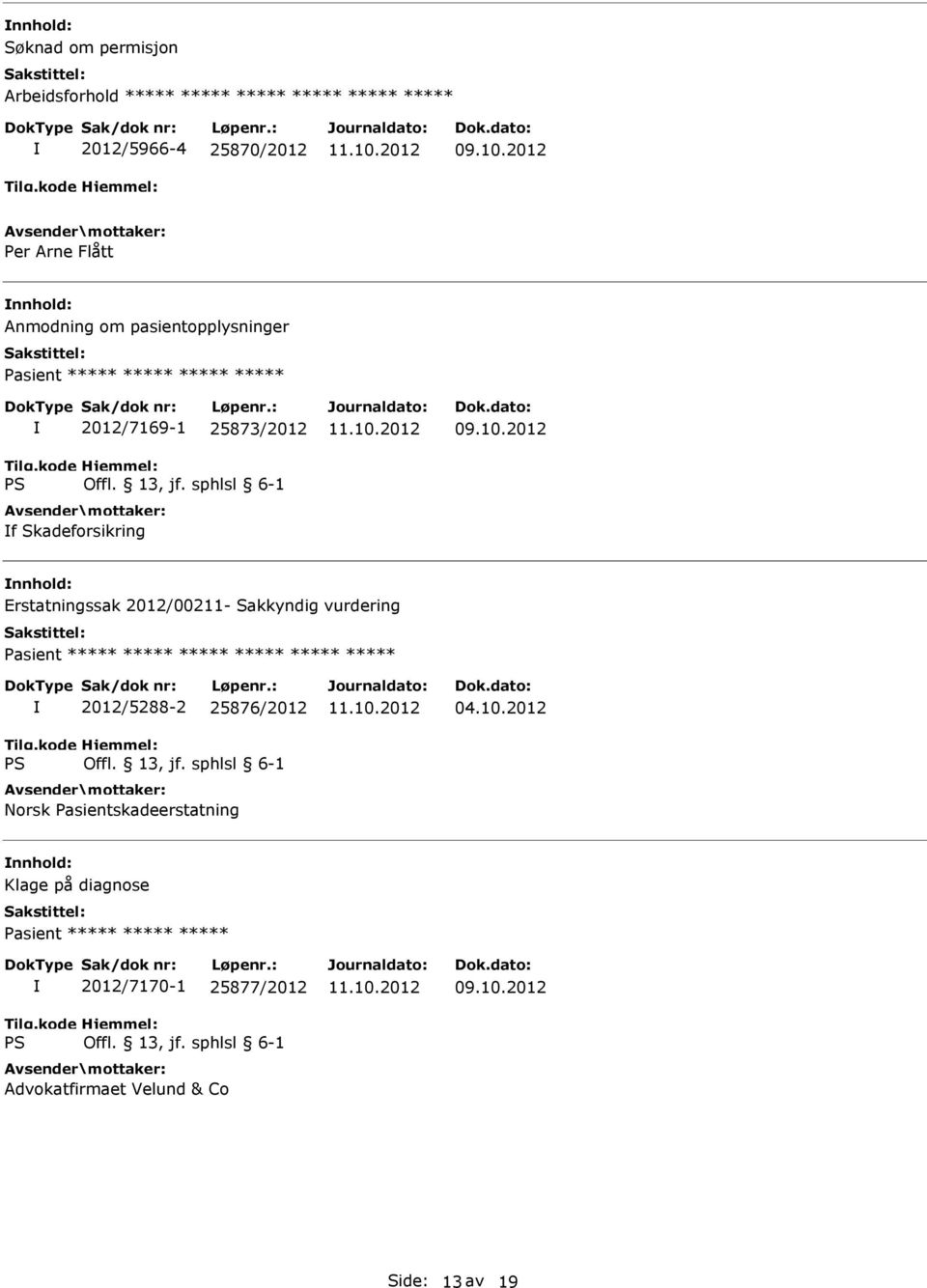 Pasient ***** ***** ***** ***** ***** ***** 2012/5288-2 25876/2012 Norsk Pasientskadeerstatning 04.10.