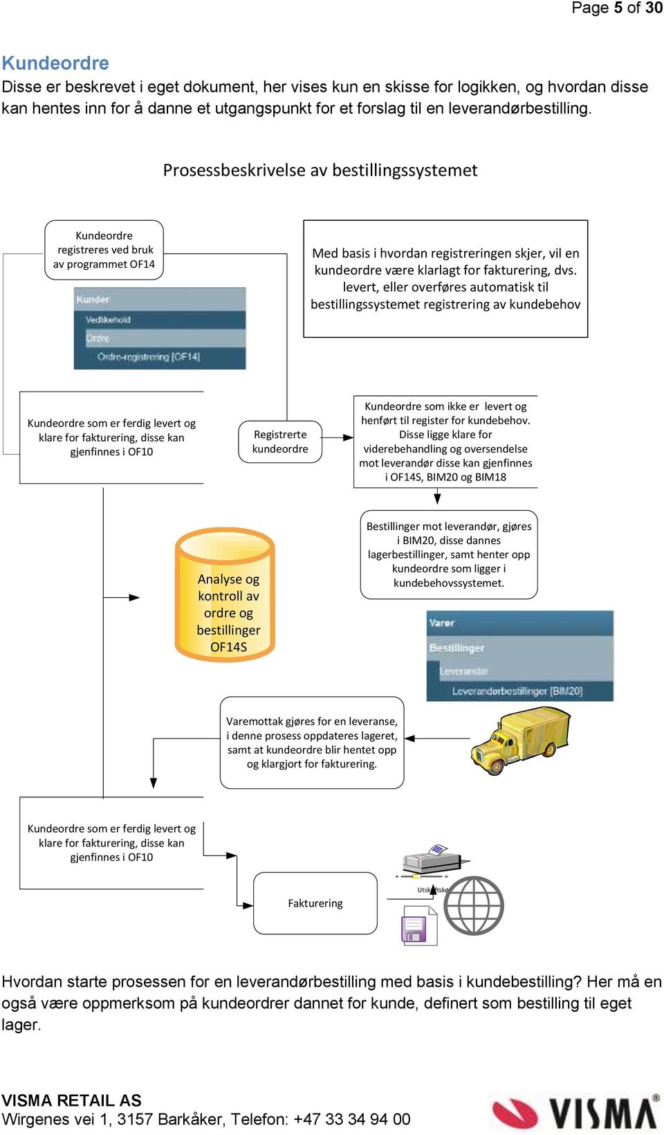 Prosessbeskrivelse av bestillingssystemet Kundeordre registreres ved bruk av programmet OF14 Med basis i hvordan registreringen skjer, vil en kundeordre være klarlagt for fakturering, dvs.