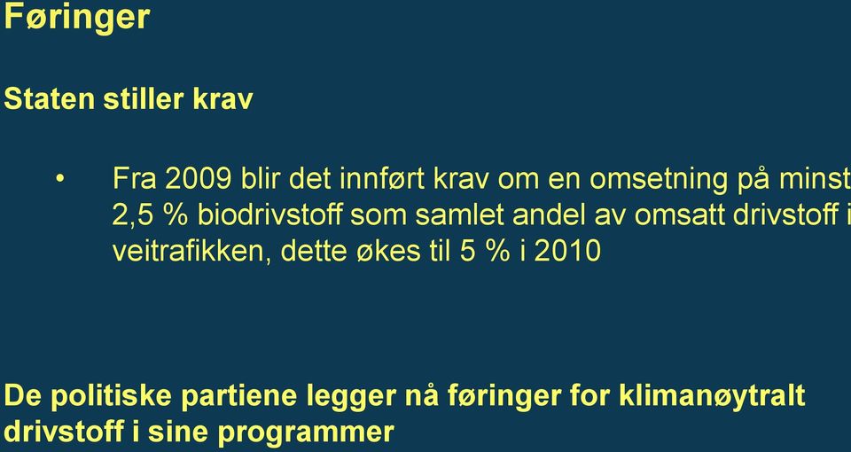 drivstoff i veitrafikken, dette økes til 5 % i 2010 De politiske