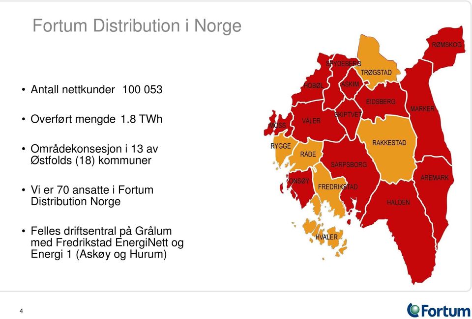 8 TWh Områdekonsesjon i 13 av Østfolds (18) kommuner Vi er 70