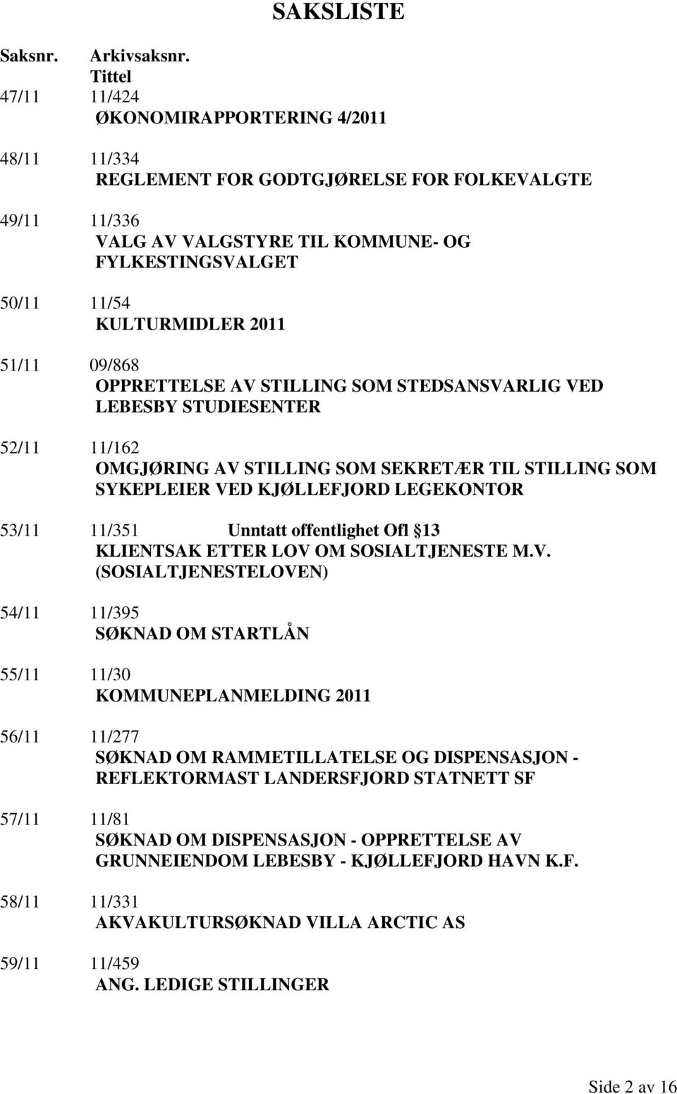 51/11 09/868 OPPRETTELSE AV STILLING SOM STEDSANSVARLIG VED LEBESBY STUDIESENTER 52/11 11/162 OMGJØRING AV STILLING SOM SEKRETÆR TIL STILLING SOM SYKEPLEIER VED KJØLLEFJORD LEGEKONTOR 53/11 11/351