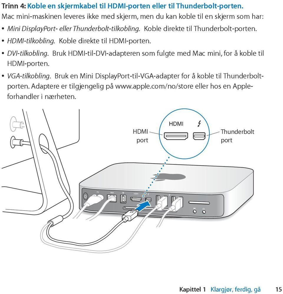 Koble direkte til Thunderbolt-porten. HDMI-tilkobling. Koble direkte til HDMI-porten. DVI-tilkobling.