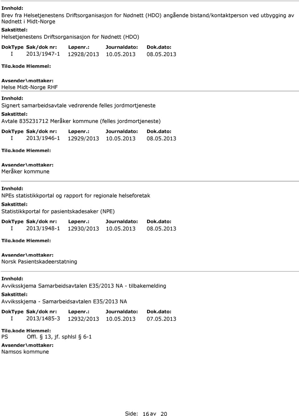 2013/1946-1 12929/2013 Meråker kommune NPEs statistikkportal og rapport for regionale helseforetak Statistikkportal for pasientskadesaker (NPE) 2013/1948-1 12930/2013 Norsk