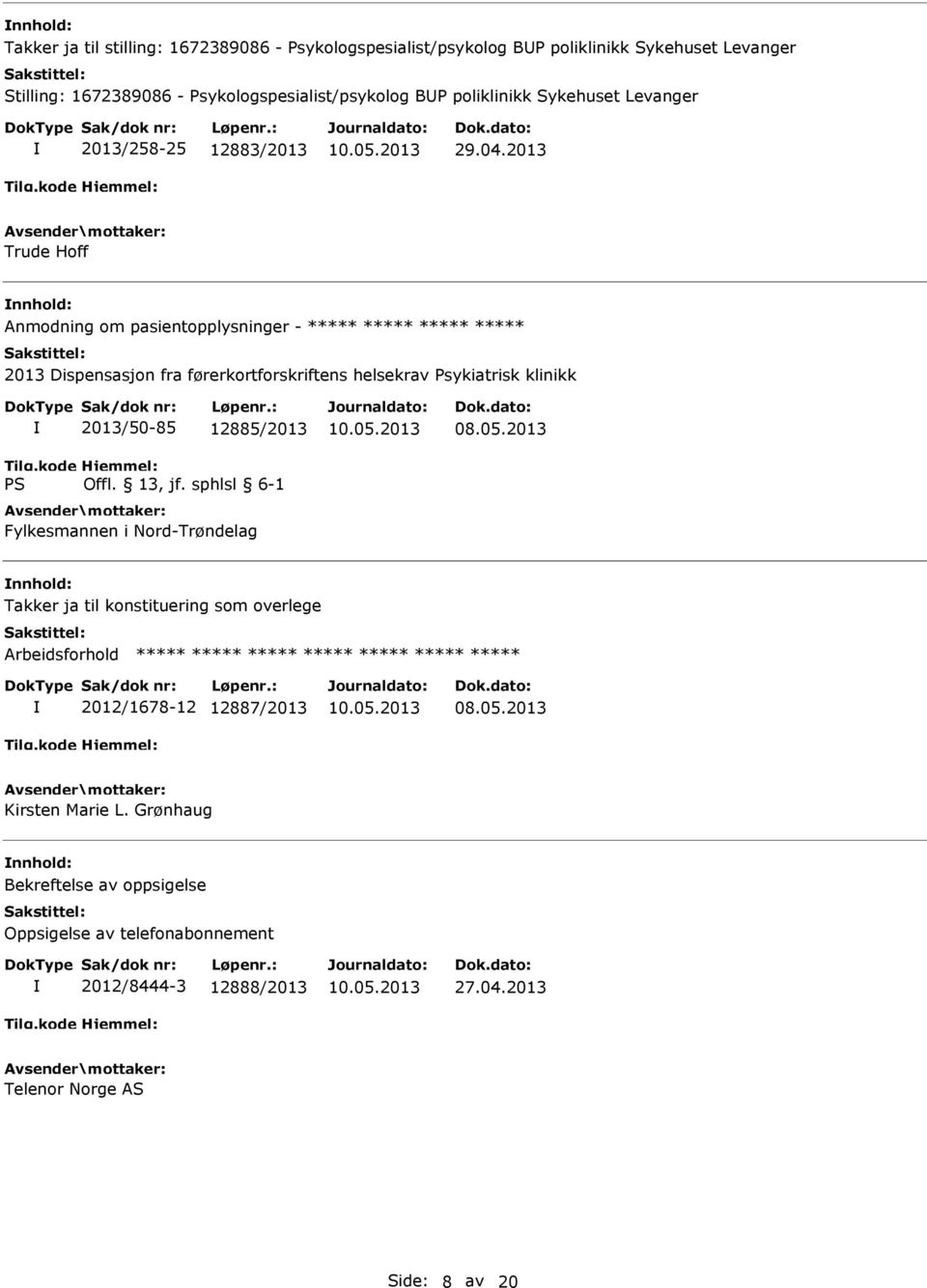 2013 Trude Hoff Anmodning om pasientopplysninger - ***** ***** ***** ***** 2013 Dispensasjon fra førerkortforskriftens helsekrav Psykiatrisk klinikk 2013/50-85