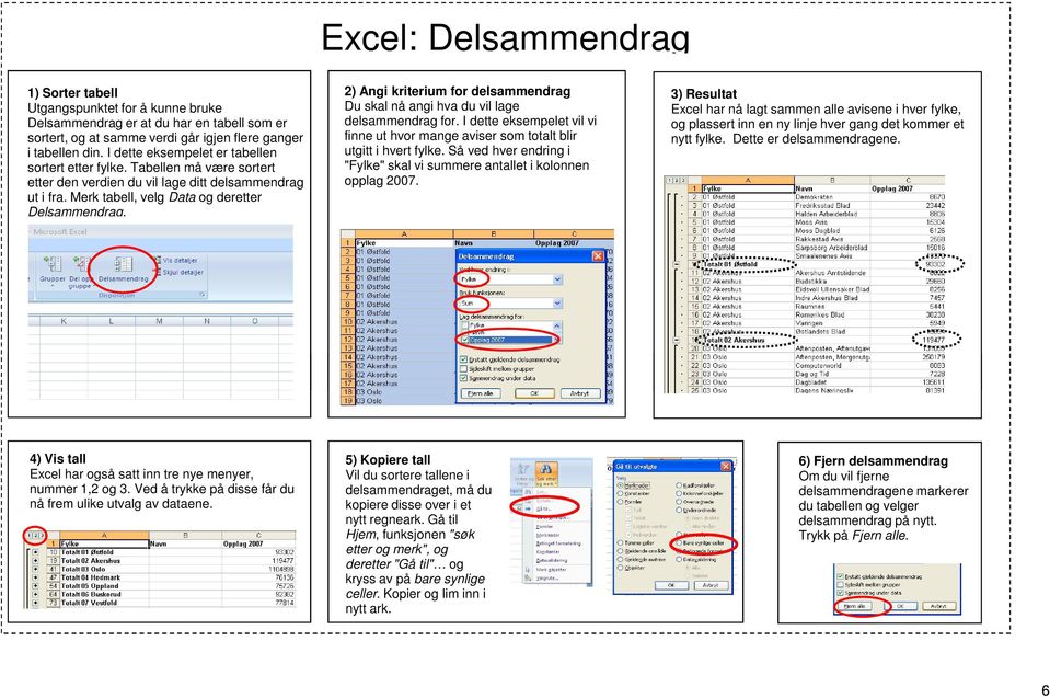 2) Angi kriterium for delsammendrag Du skal nå angi hva du vil lage delsammendrag for. I dette eksempelet vil vi finne ut hvor mange aviser som totalt blir utgitt i hvert fylke.