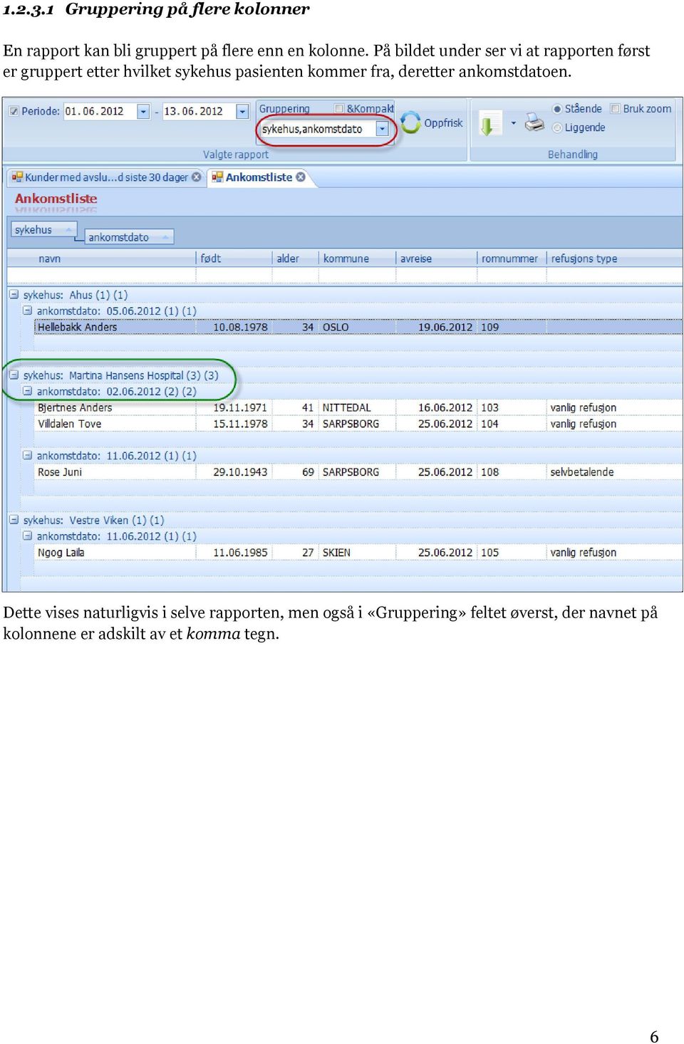 På bildet under ser vi at rapporten først er gruppert etter hvilket sykehus pasienten