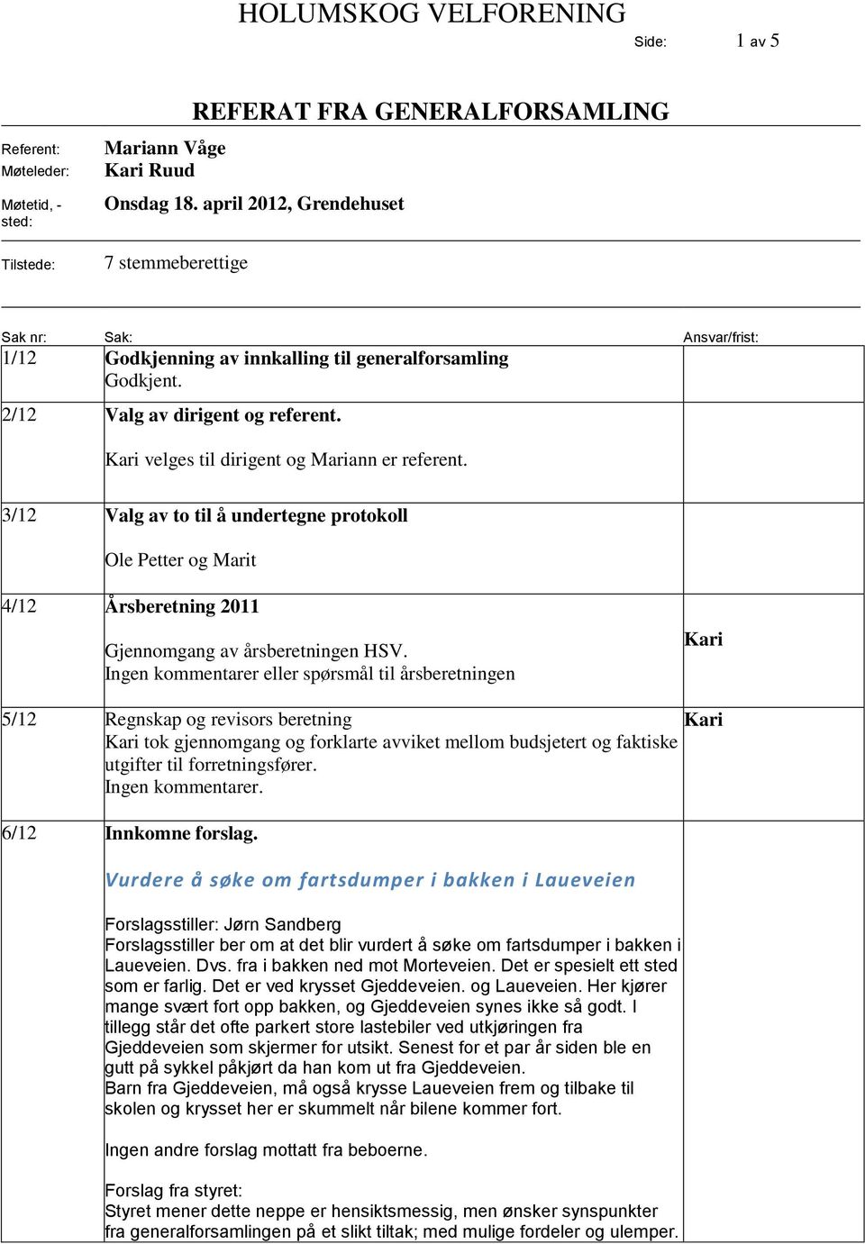 3/12 Valg av to til å undertegne protokoll Ole Petter og Marit 4/12 Årsberetning 2011 Gjennomgang av årsberetningen HSV.