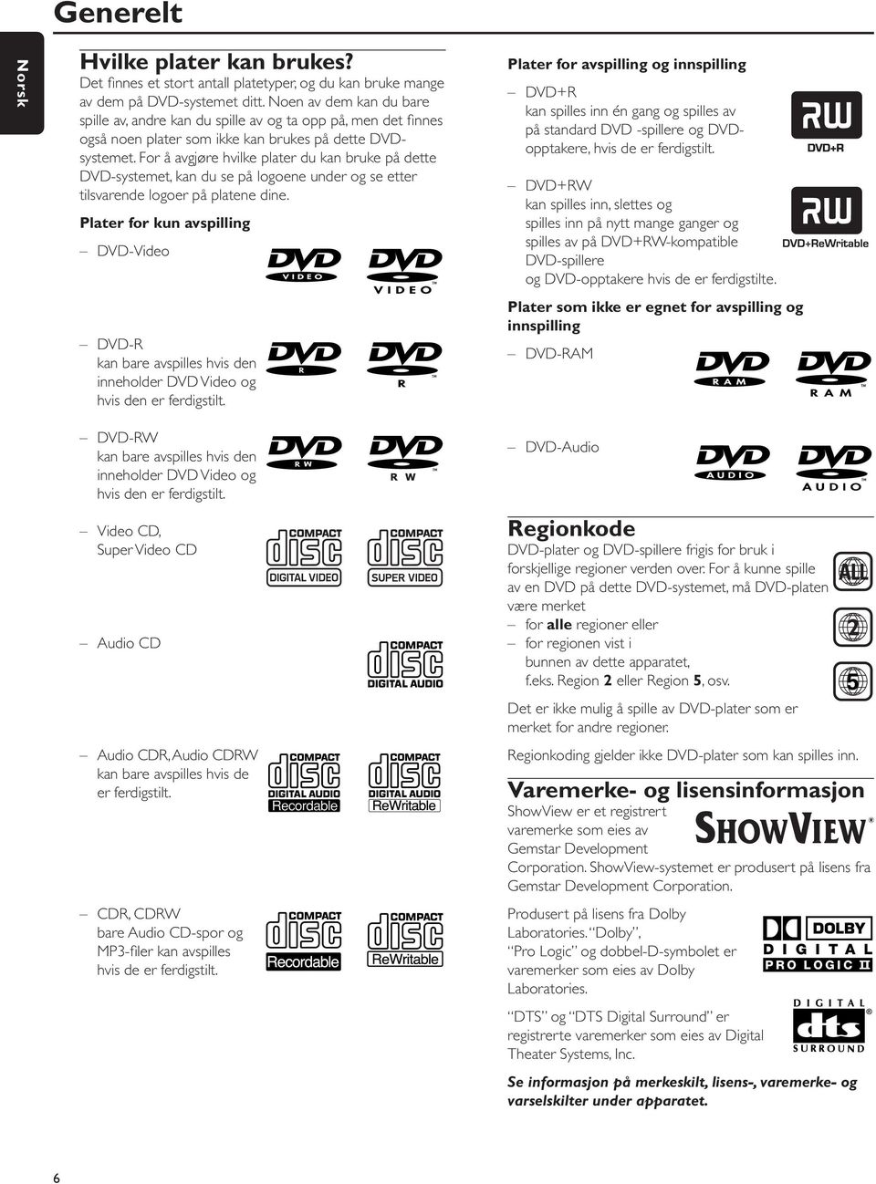 For å avgjøre hvilke plater du kan bruke på dette DVD-systemet, kan du se på logoene under og se etter tilsvarende logoer på platene dine.