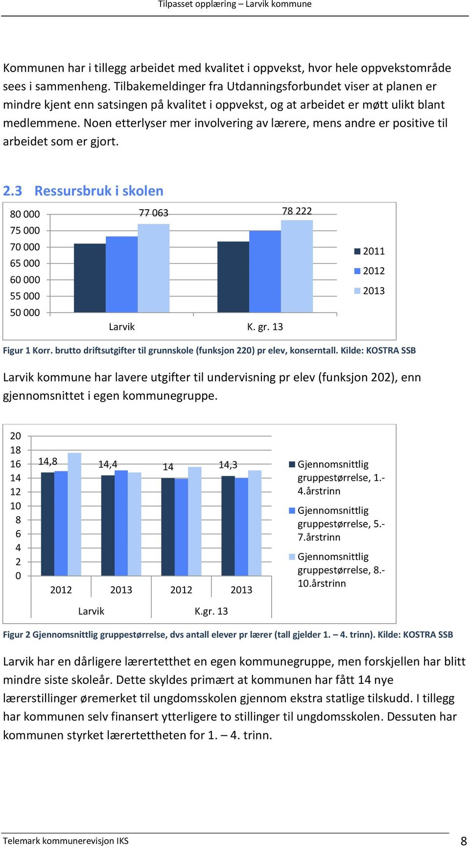 Noen etterlyser mer involvering av lærere, mens andre er positive til arbeidet som er gjort. 2.3 Ressursbruk i skolen 80 000 77 063 78 222 75 000 70 000 65 000 60 000 55 000 50 000 Larvik K. gr.