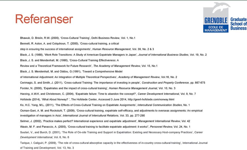 (1988), Work Role Transitions: A Study of American Expatriate Managers in Japan, Journal of International Business Studies, Vol. 19, No. 2 Black, J. S. and Mendenhall, M.