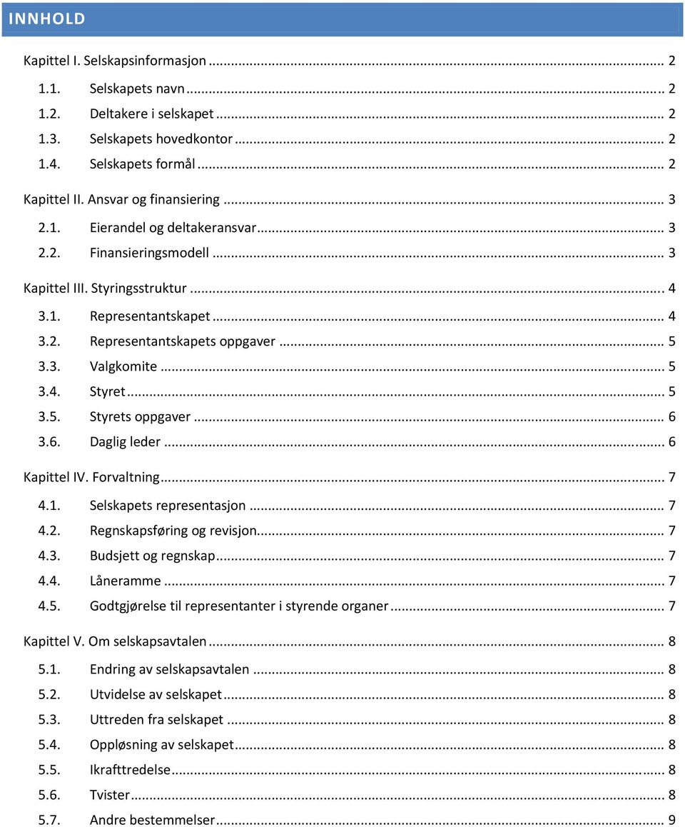 .. 5 3.5. Styrets oppgaver... 6 3.6. Daglig leder... 6 Kapittel IV. Forvaltning... 7 4.1. Selskapets representasjon... 7 4.2. Regnskapsføring og revisjon... 7 4.3. Budsjett og regnskap... 7 4.4. Låneramme.