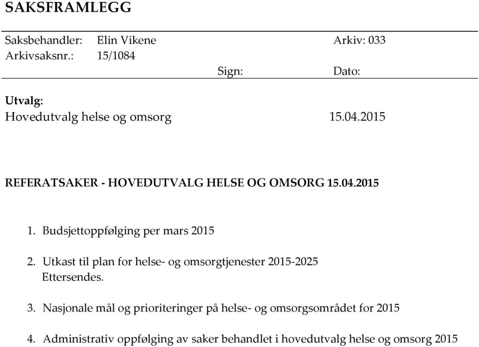 2015 REFERATSAKER - HOVEDUTVALG HELSE OG OMSORG 15.04.2015 1. Budsjettoppfølging per mars 2015 2.