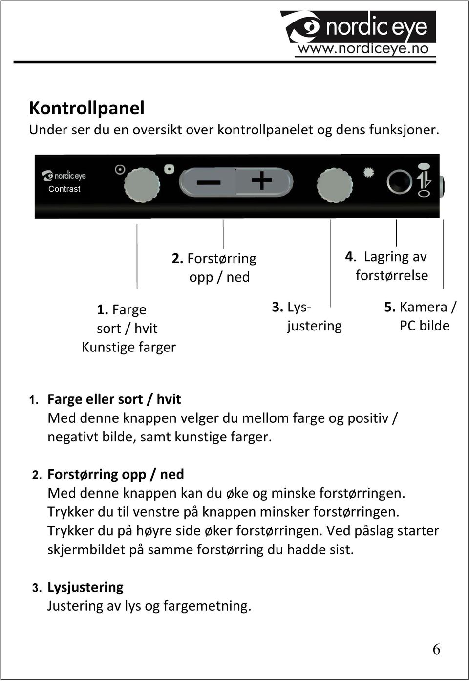 Farge eller sort / hvit Med denne knappen velger du mellom farge og positiv / negativt bilde, samt kunstige farger. 2.