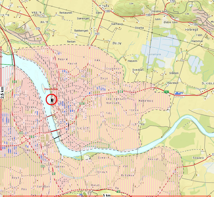 Utsnitt av flomsonekart for Verdalselva. (kilde:ngu) 8.4. Skred/grunnforhold Planområdet ligger på en større grus- og pukk forekomst (se kart under) som dekker hele Verdal sentrum.