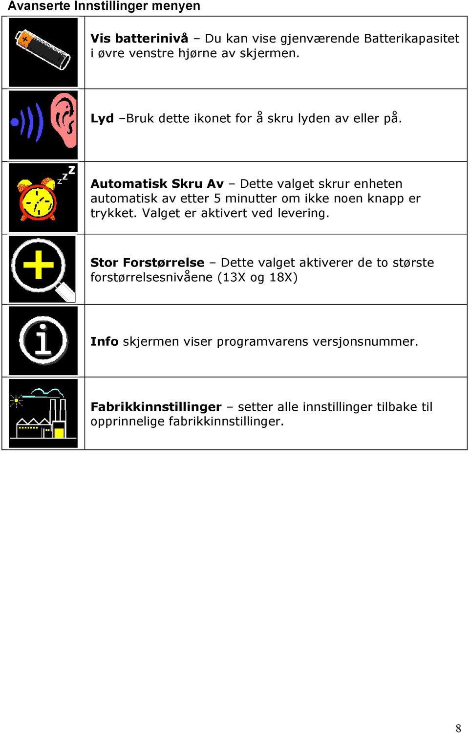 Automatisk Skru Av Dette valget skrur enheten automatisk av etter 5 minutter om ikke noen knapp er trykket.