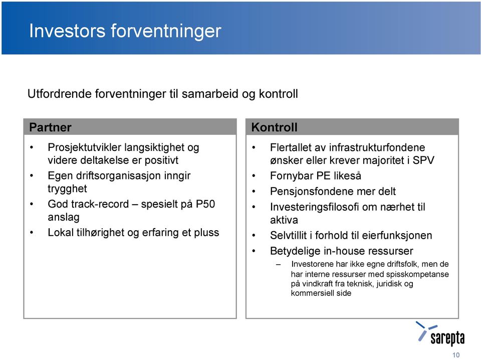 ønsker eller krever majoritet i SPV Fornybar PE likeså Pensjonsfondene mer delt Investeringsfilosofi om nærhet til aktiva Selvtillit i forhold til eierfunksjonen