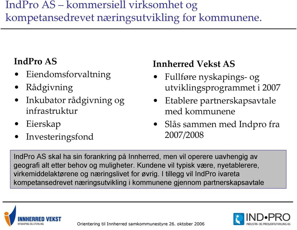 utviklingsprogrammet i 2007 Etablere partnerskapsavtale med kommunene Slås sammen med Indpro fra 2007/2008 IndPro AS skal ha sin forankring på Innherred, men