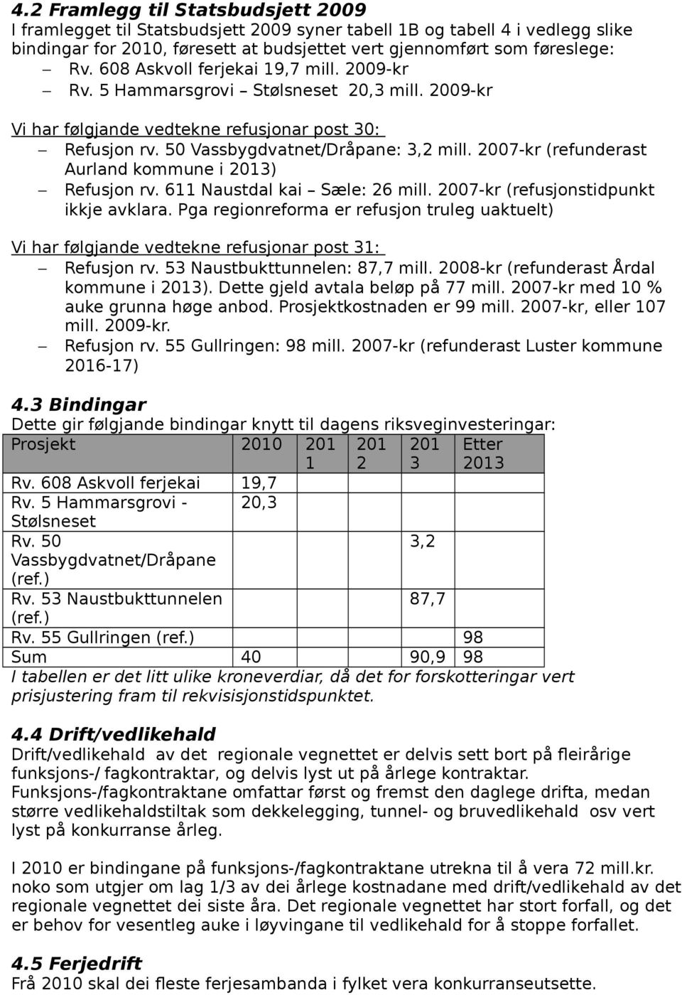 2007-kr (refunderast Aurland kommune i 2013) Refusjon rv. 611 Naustdal kai Sæle: 26 mill. 2007-kr (refusjonstidpunkt ikkje avklara.