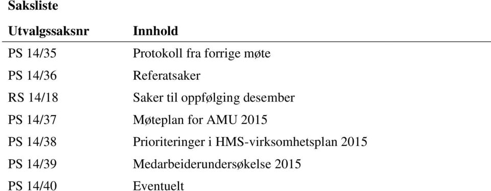 PS 14/37 Møteplan for AMU 2015 PS 14/38 Prioriteringer i