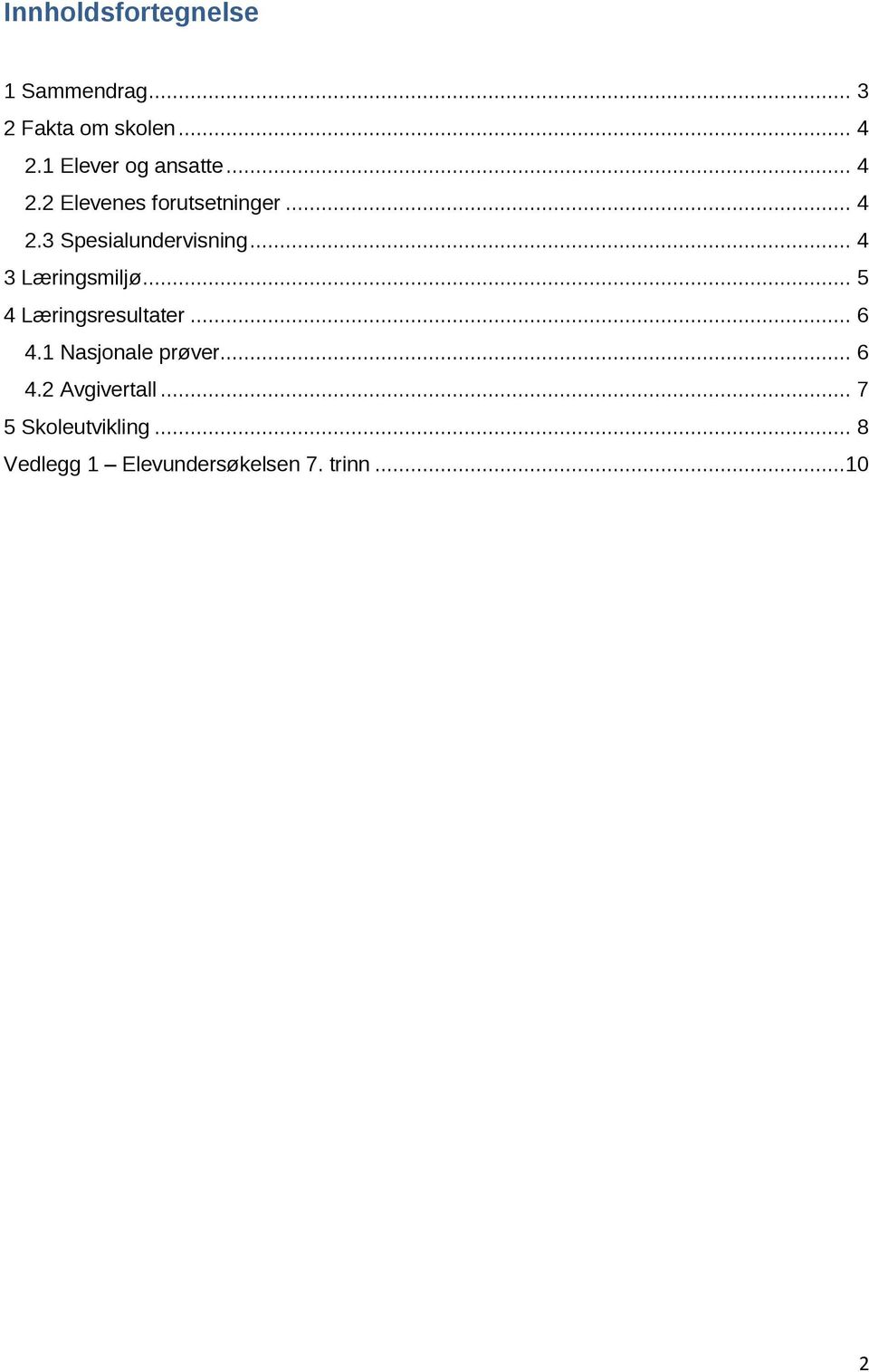 .. 4 3 Læringsmiljø... 5 4 Læringsresultater... 6 4.1 Nasjonale prøver... 6 4.2 Avgivertall.