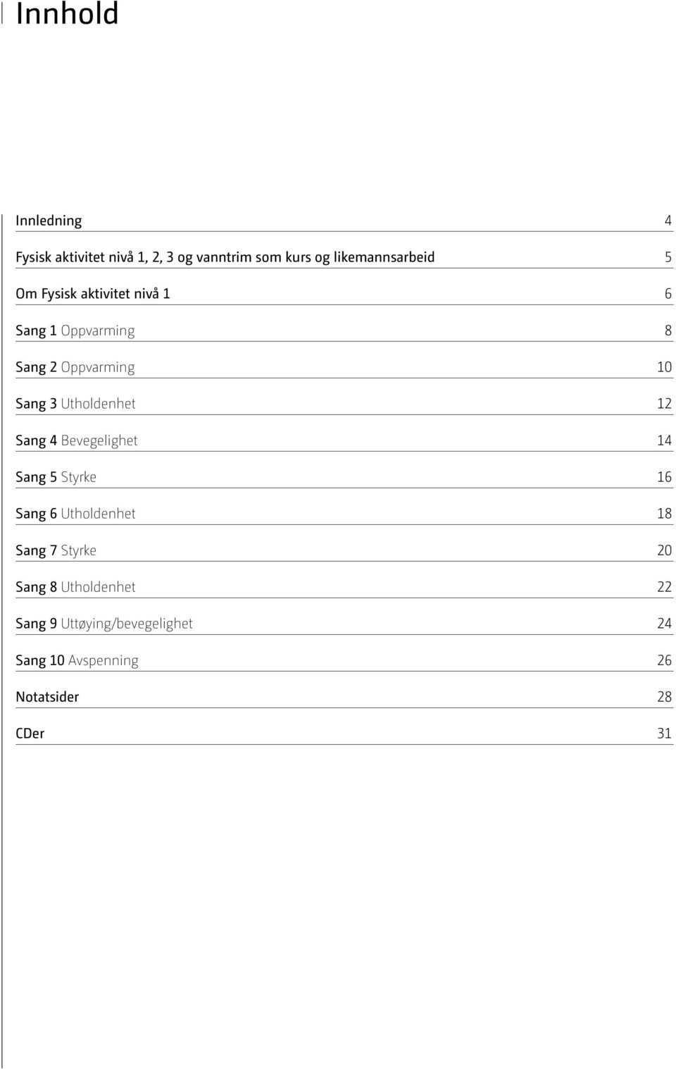 Sang 3 Utholdenhet 12 Sang 4 Bevegelighet 14 Sang 5 Styrke 16 Sang 6 Utholdenhet 18 Sang