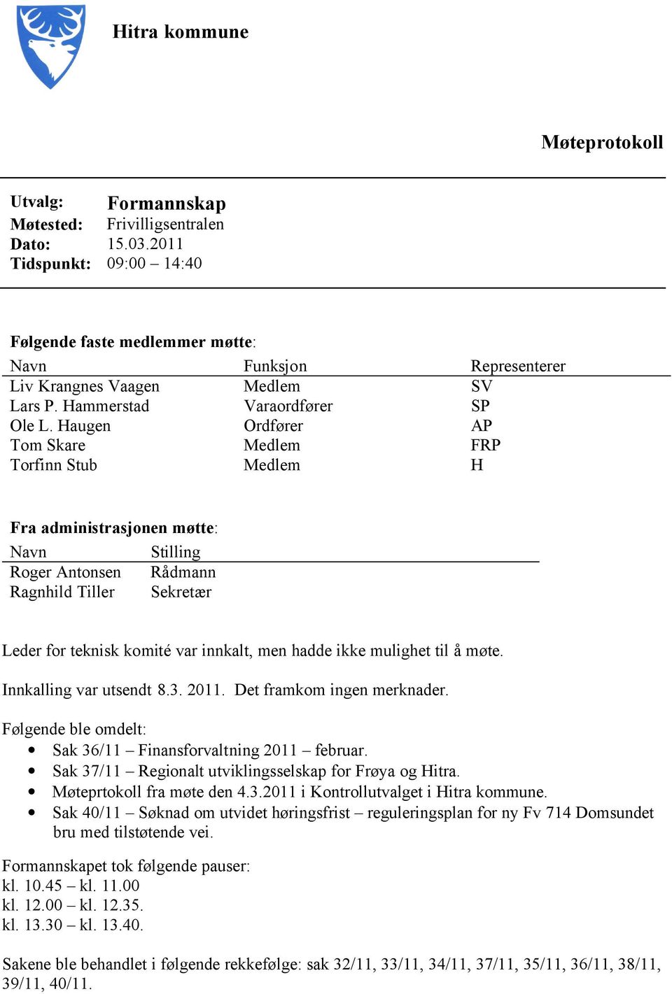 Haugen Ordfører AP Tom Skare Torfinn Stub Medlem Medlem FRP H Fra administrasjonen møtte: Navn Stilling Roger Antonsen Rådmann Ragnhild Tiller Sekretær Leder for teknisk komité var innkalt, men hadde