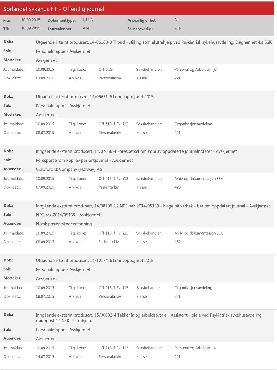2015 Arkivdel: Personalarkiv Inngående eksternt produsert, 14/07656-4 Forespørsel om kopi av oppdaterte journalnotater - Forespørsel om kopi av pasientjournal - Crawford & Company (Norway) A.S.